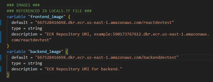 Terraform variables.tf with ECR URIs